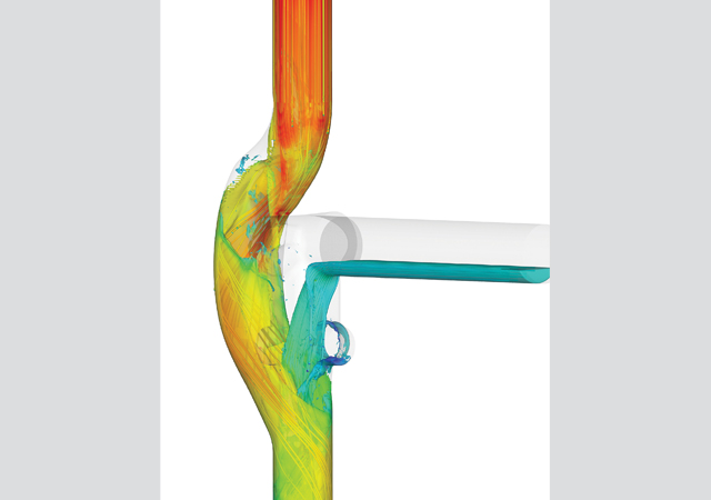 Computer simulations were used to calculate the water and air circulation in the waste water pipes to optimise the shape and size of pipes.